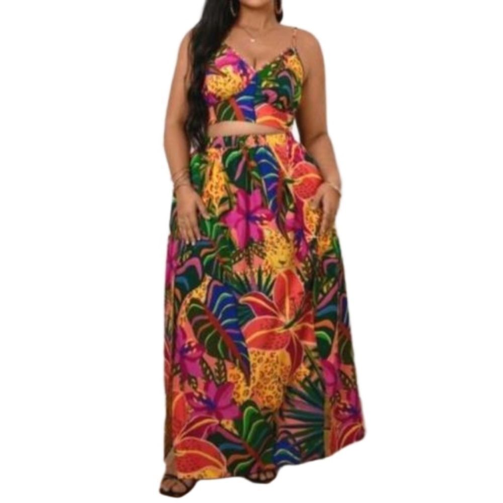 Women's Plus size two-piece tropical maxi skirt set size 0X